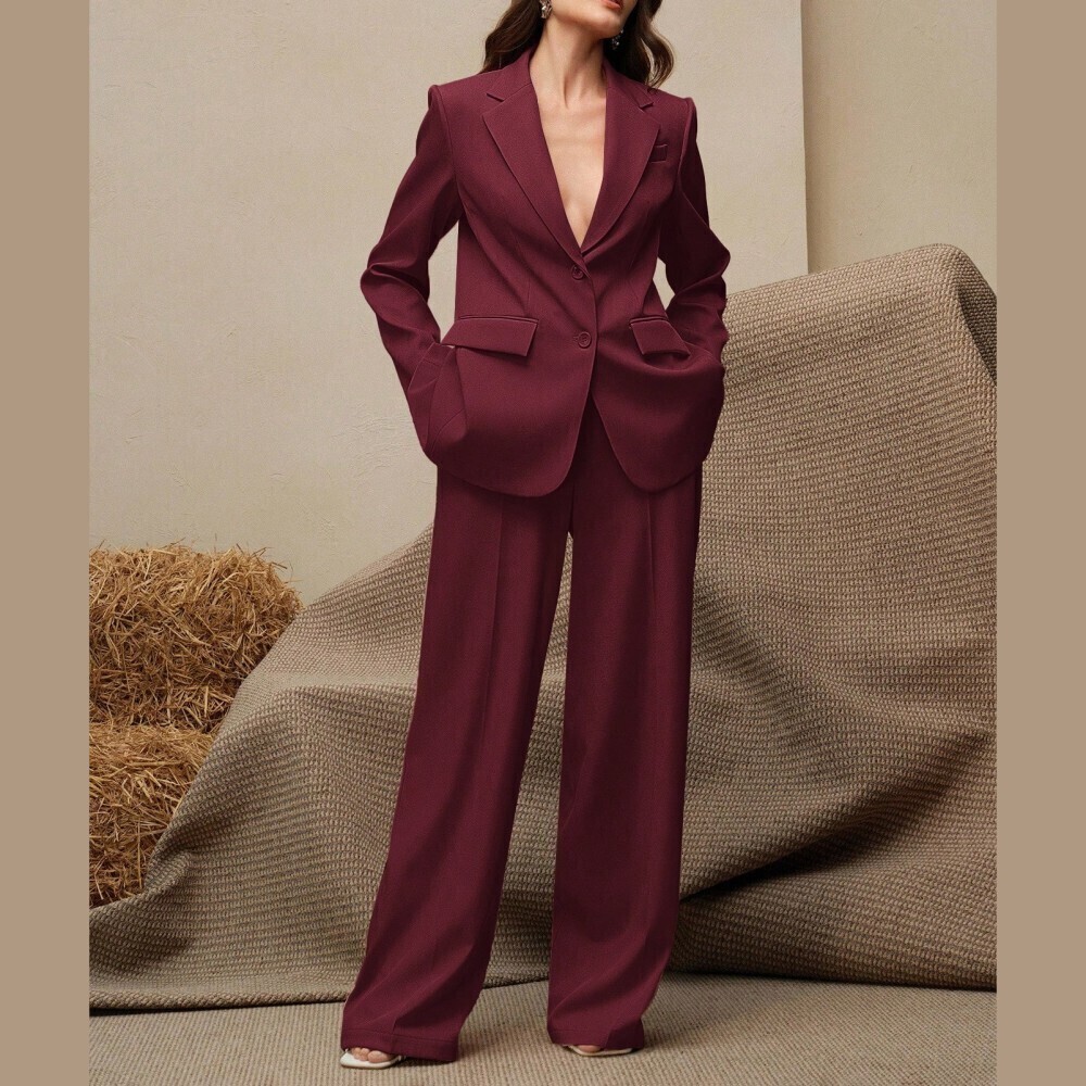 Burgundy Notch Lapel Blazer and Wide Leg Trouser Suit Set